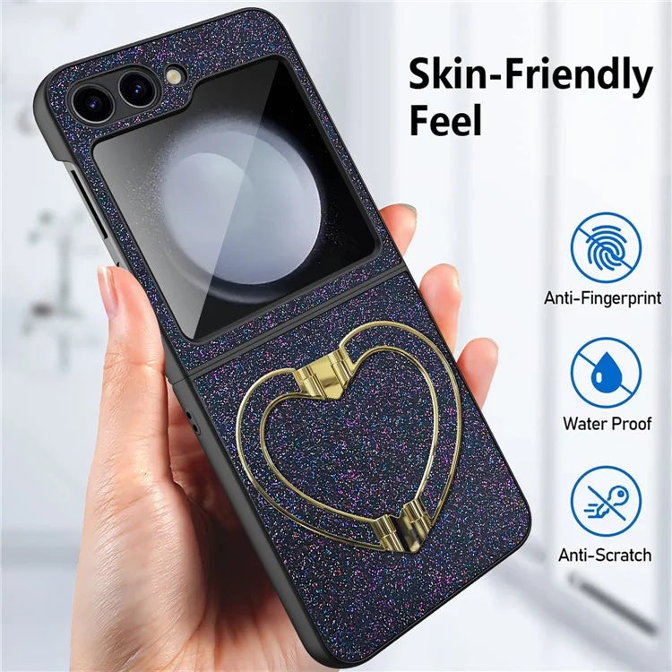 For Samsung Galaxy Z Flip5 5G Case Heart-Shape Kickstand Glitter PU Leather+PC Phone Cover