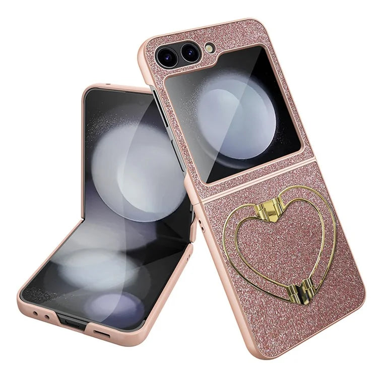 For Samsung Galaxy Z Flip5 5G Case Heart-Shape Kickstand Glitter PU Leather+PC Phone Cover
