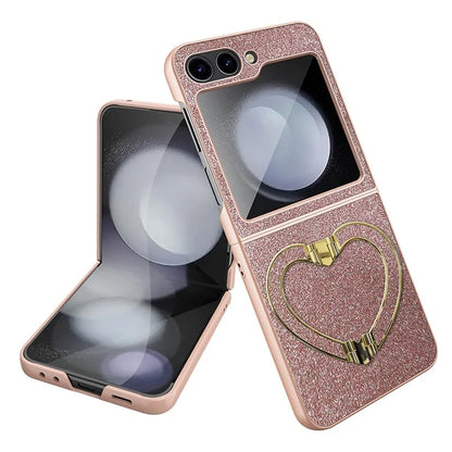 For Samsung Galaxy Z Flip5 5G Case Heart-Shape Kickstand Glitter PU Leather+PC Phone Cover
