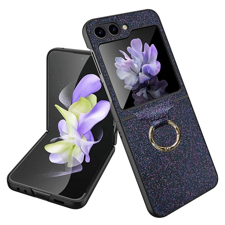 For Samsung Galaxy Z Flip5 5G Case Glitter Finger Ring Phone Cover with Tempered Glass Rear Screen Film