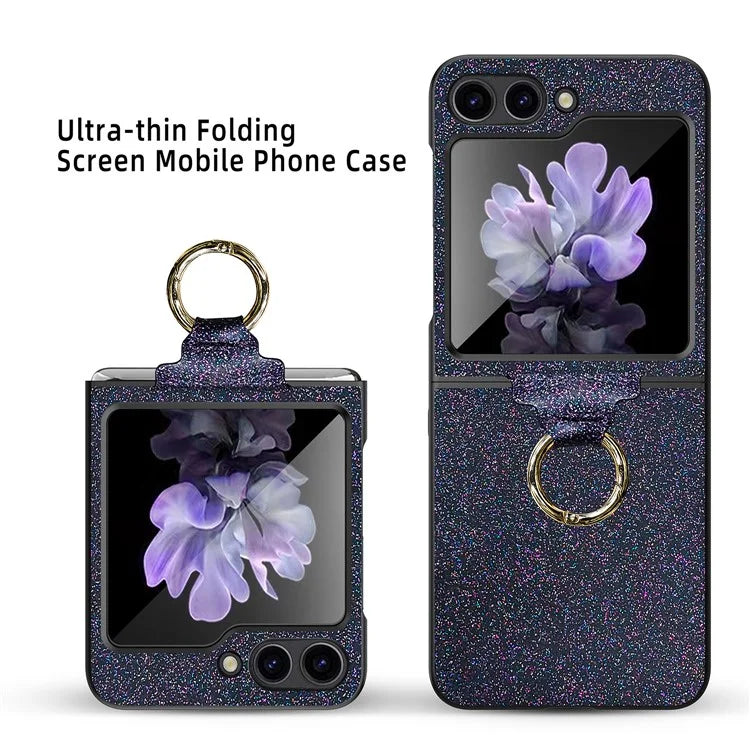For Samsung Galaxy Z Flip5 5G Case Glitter Finger Ring Phone Cover with Tempered Glass Rear Screen Film