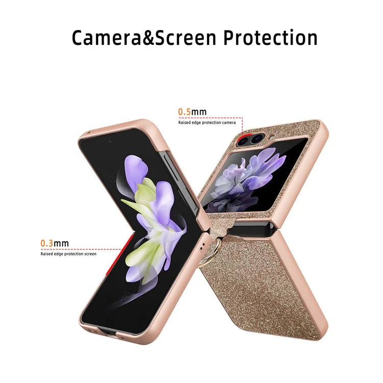 For Samsung Galaxy Z Flip5 5G Case Glitter Finger Ring Phone Cover with Tempered Glass Rear Screen Film