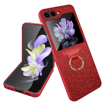For Samsung Galaxy Z Flip5 5G Case Glitter Finger Ring Phone Cover with Tempered Glass Rear Screen Film