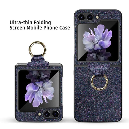 For Samsung Galaxy Z Flip5 5G Case Glitter Finger Ring Phone Cover with Tempered Glass Rear Screen Film