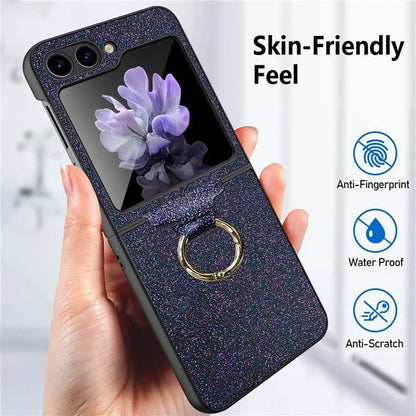 For Samsung Galaxy Z Flip5 5G Case Glitter Finger Ring Phone Cover with Tempered Glass Rear Screen Film