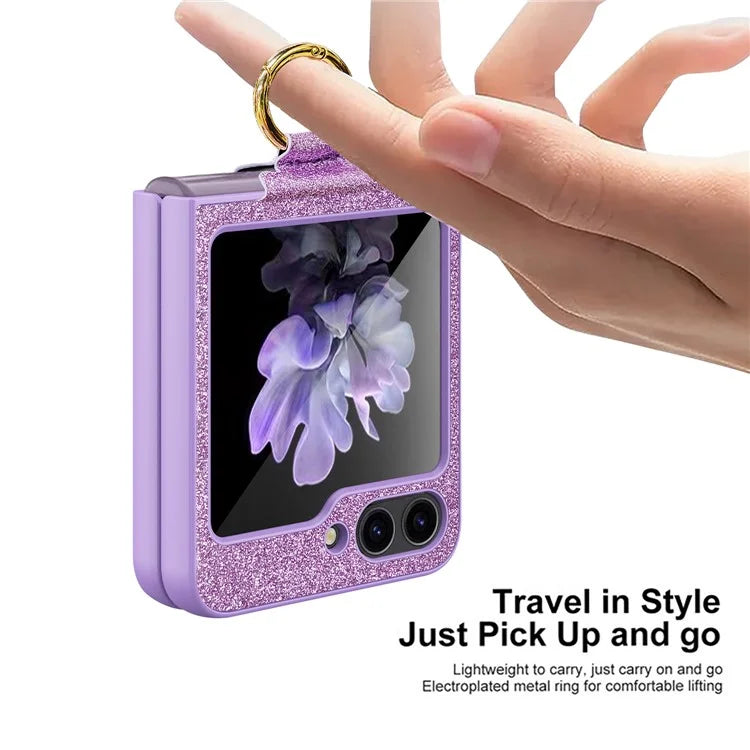 For Samsung Galaxy Z Flip5 5G Case Glitter Finger Ring Phone Cover with Tempered Glass Rear Screen Film