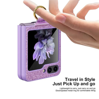 For Samsung Galaxy Z Flip5 5G Case Glitter Finger Ring Phone Cover with Tempered Glass Rear Screen Film