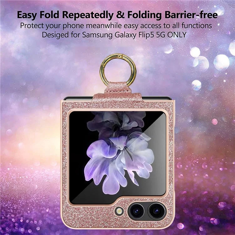 For Samsung Galaxy Z Flip5 5G Case Glitter Finger Ring Phone Cover with Tempered Glass Rear Screen Film