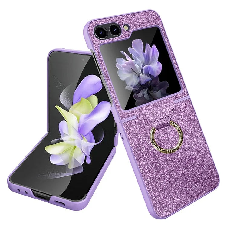 For Samsung Galaxy Z Flip5 5G Case Glitter Finger Ring Phone Cover with Tempered Glass Rear Screen Film