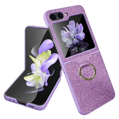 For Samsung Galaxy Z Flip5 5G Case Glitter Finger Ring Phone Cover with Tempered Glass Rear Screen Film
