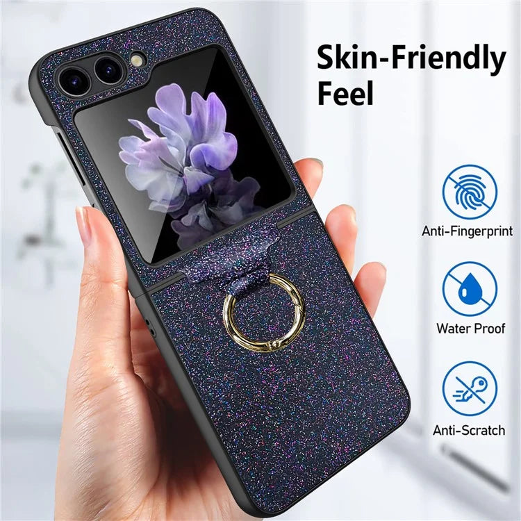 For Samsung Galaxy Z Flip5 5G Case Glitter Finger Ring Phone Cover with Tempered Glass Rear Screen Film