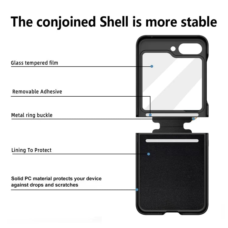For Samsung Galaxy Z Flip5 5G Case Glitter Finger Ring Phone Cover with Tempered Glass Rear Screen Film