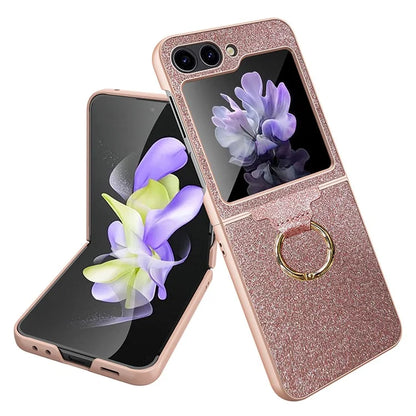 For Samsung Galaxy Z Flip5 5G Case Glitter Finger Ring Phone Cover with Tempered Glass Rear Screen Film