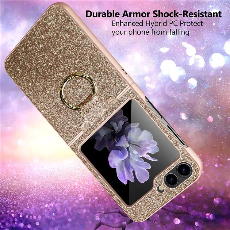 For Samsung Galaxy Z Flip5 5G Case Glitter Finger Ring Phone Cover with Tempered Glass Rear Screen Film