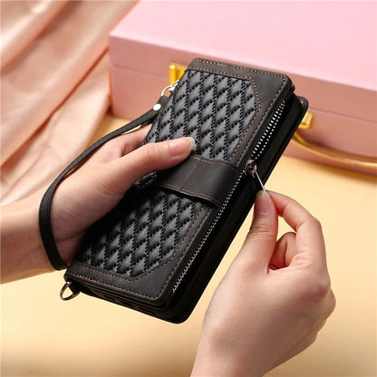 For Samsung Galaxy A05s 4G Case PU Leather Phone Shell Rhombus Texture Zipper Wallet with Strap