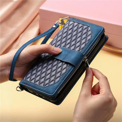 For Samsung Galaxy A05s 4G Case PU Leather Phone Shell Rhombus Texture Zipper Wallet with Strap