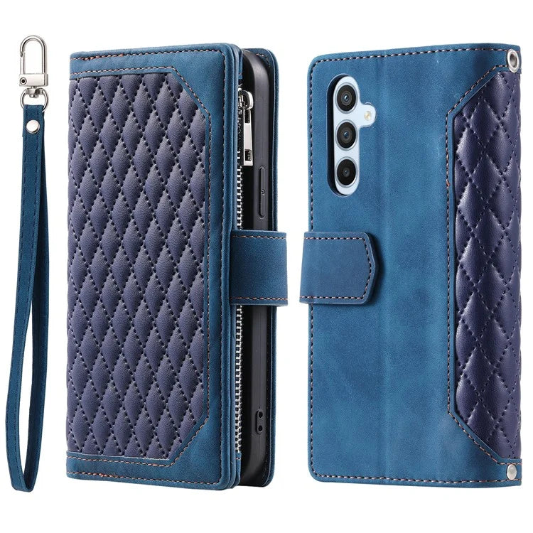 For Samsung Galaxy A05s 4G Case PU Leather Phone Shell Rhombus Texture Zipper Wallet with Strap