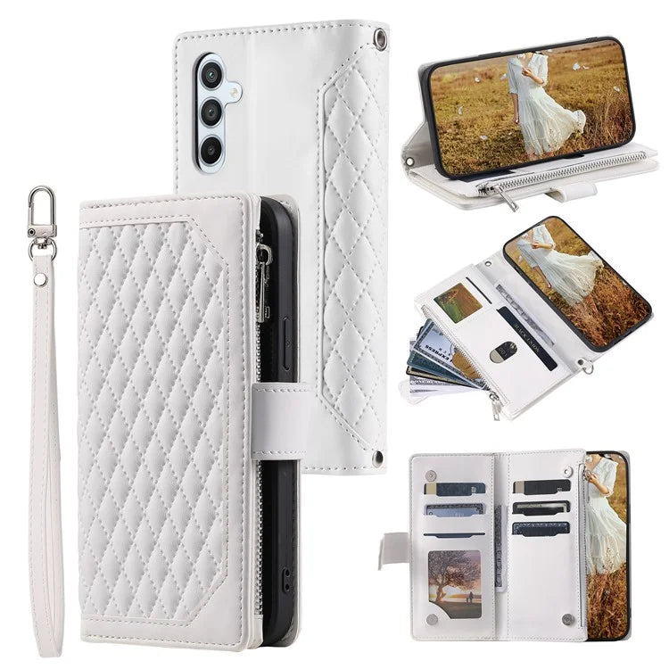 For Samsung Galaxy A05s 4G Case PU Leather Phone Shell Rhombus Texture Zipper Wallet with Strap
