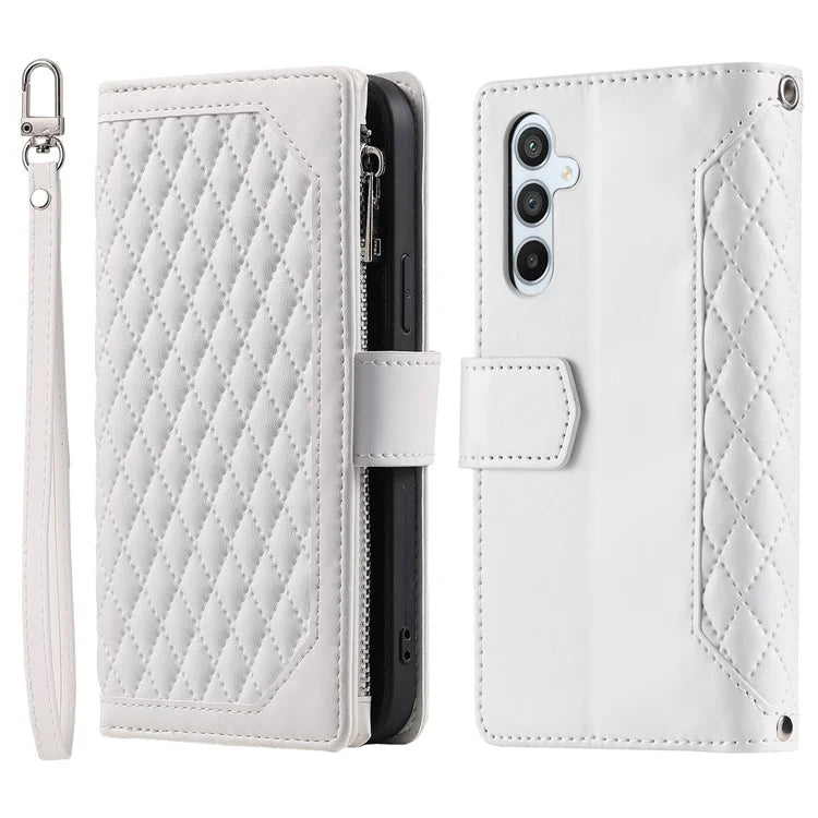 For Samsung Galaxy A05s 4G Case PU Leather Phone Shell Rhombus Texture Zipper Wallet with Strap