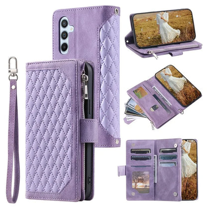 For Samsung Galaxy A05s 4G Case PU Leather Phone Shell Rhombus Texture Zipper Wallet with Strap