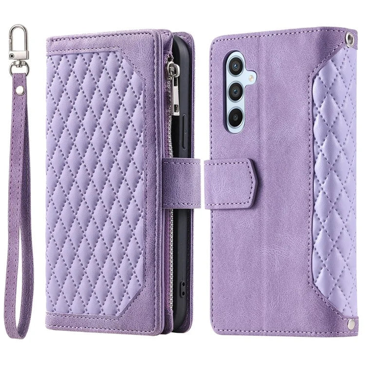 For Samsung Galaxy A05s 4G Case PU Leather Phone Shell Rhombus Texture Zipper Wallet with Strap