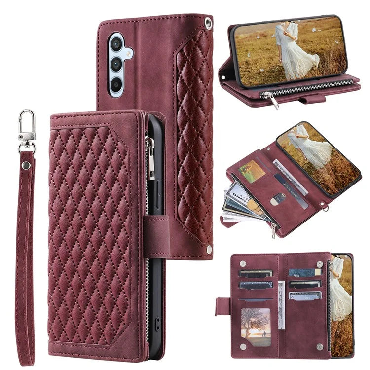 For Samsung Galaxy A05s 4G Case PU Leather Phone Shell Rhombus Texture Zipper Wallet with Strap