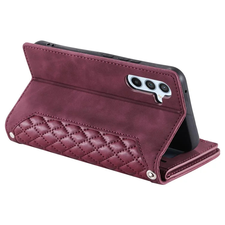 For Samsung Galaxy A05s 4G Case PU Leather Phone Shell Rhombus Texture Zipper Wallet with Strap