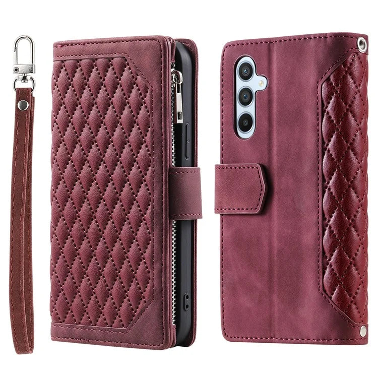 For Samsung Galaxy A05s 4G Case PU Leather Phone Shell Rhombus Texture Zipper Wallet with Strap