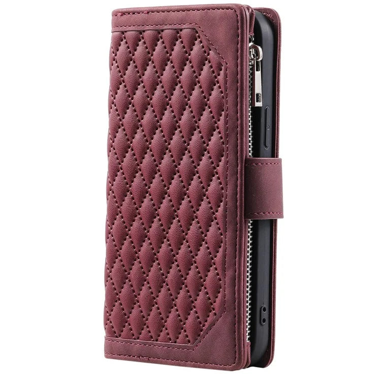 For Samsung Galaxy A05s 4G Case PU Leather Phone Shell Rhombus Texture Zipper Wallet with Strap