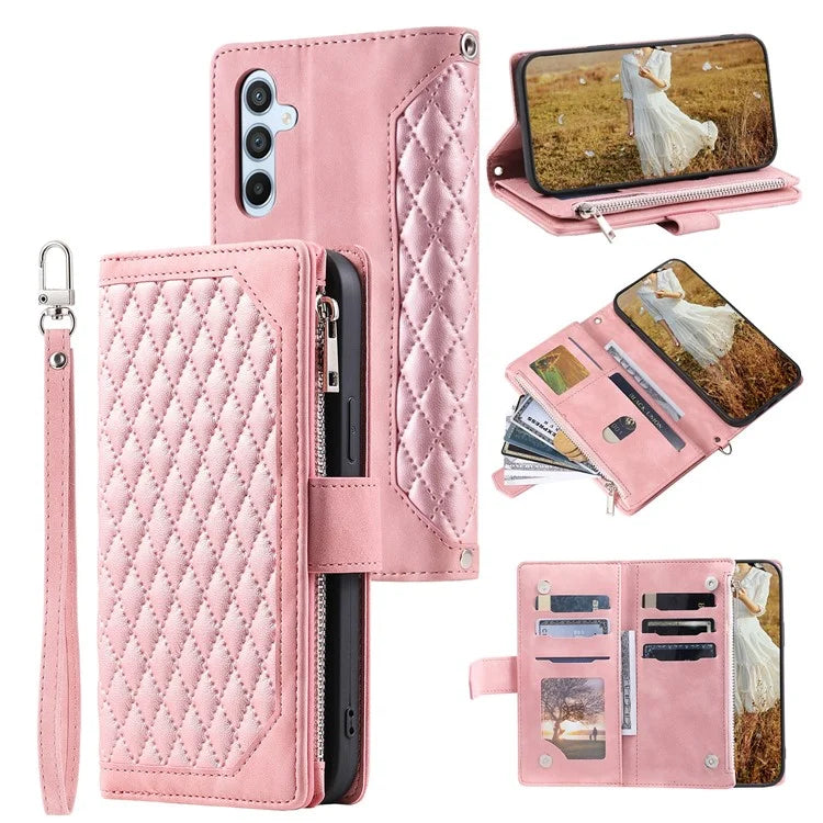 For Samsung Galaxy A05s 4G Case PU Leather Phone Shell Rhombus Texture Zipper Wallet with Strap