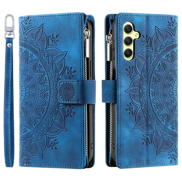 For Samsung Galaxy A15 4G Case Imprinted Flower Wallet PU Leather Stand Shell Phone Cover with Strap
