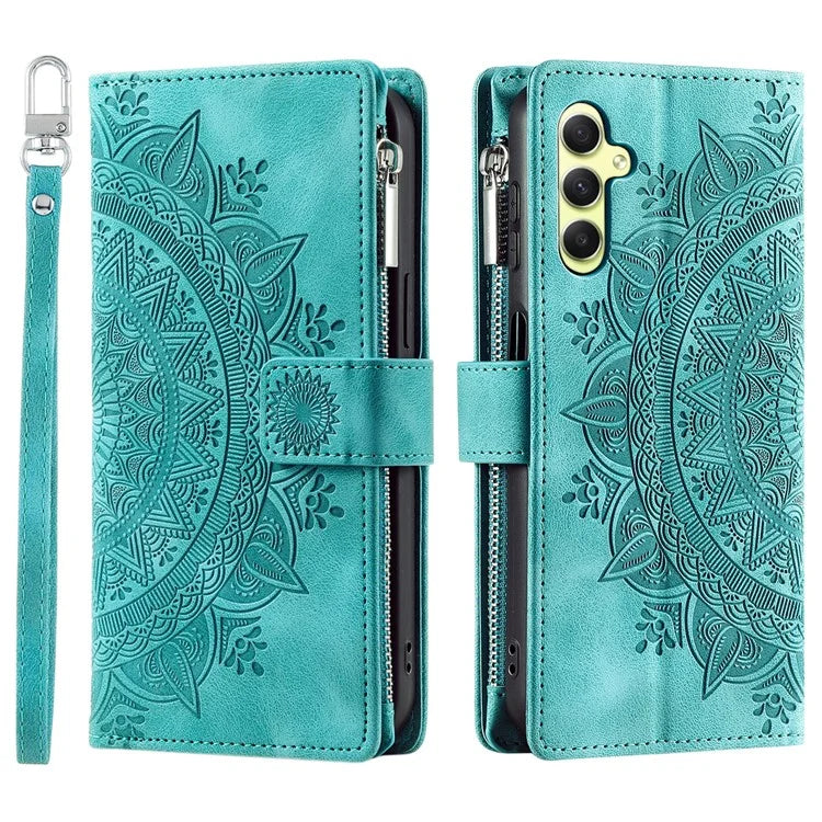 For Samsung Galaxy A15 4G Case Imprinted Flower Wallet PU Leather Stand Shell Phone Cover with Strap
