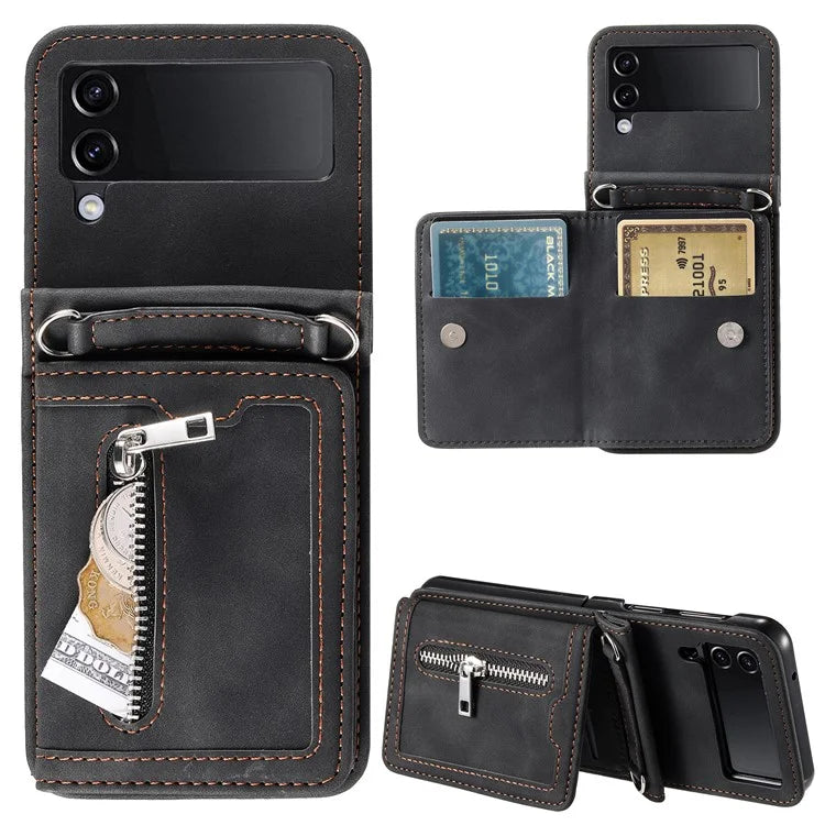 For Samsung Galaxy Z Flip4 5G Case Card Holder PU Leather Kickstand Phone Cover with Hand Strap