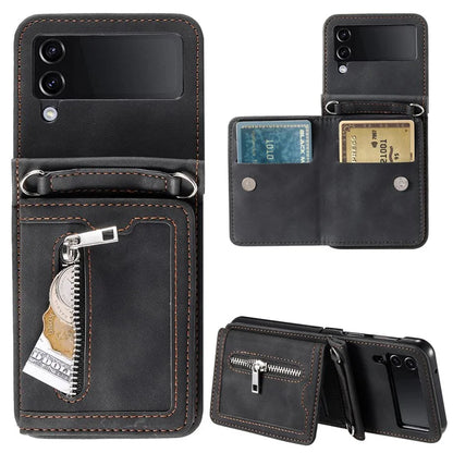 For Samsung Galaxy Z Flip4 5G Case Card Holder PU Leather Kickstand Phone Cover with Hand Strap