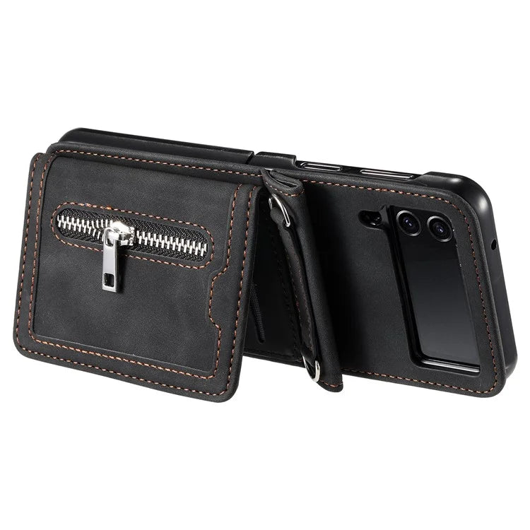 For Samsung Galaxy Z Flip4 5G Case Card Holder PU Leather Kickstand Phone Cover with Hand Strap