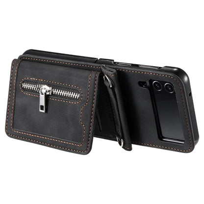 For Samsung Galaxy Z Flip4 5G Case Card Holder PU Leather Kickstand Phone Cover with Hand Strap
