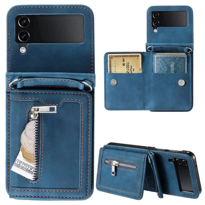 For Samsung Galaxy Z Flip4 5G Case Card Holder PU Leather Kickstand Phone Cover with Hand Strap