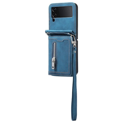 For Samsung Galaxy Z Flip4 5G Case Card Holder PU Leather Kickstand Phone Cover with Hand Strap