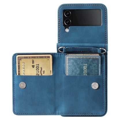 For Samsung Galaxy Z Flip4 5G Case Card Holder PU Leather Kickstand Phone Cover with Hand Strap