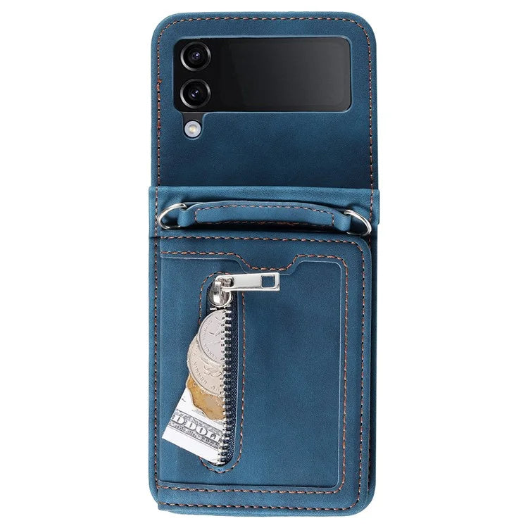 For Samsung Galaxy Z Flip4 5G Case Card Holder PU Leather Kickstand Phone Cover with Hand Strap
