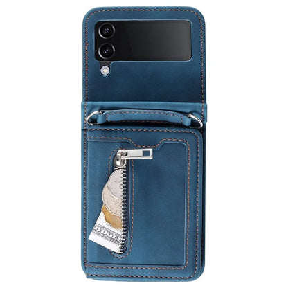 For Samsung Galaxy Z Flip4 5G Case Card Holder PU Leather Kickstand Phone Cover with Hand Strap