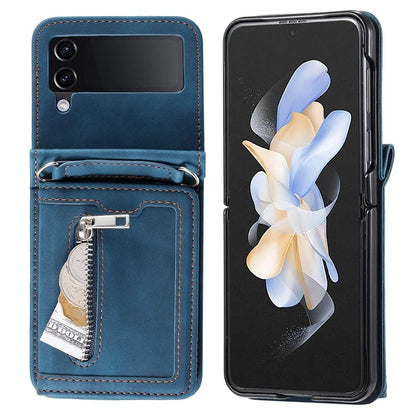 For Samsung Galaxy Z Flip4 5G Case Card Holder PU Leather Kickstand Phone Cover with Hand Strap