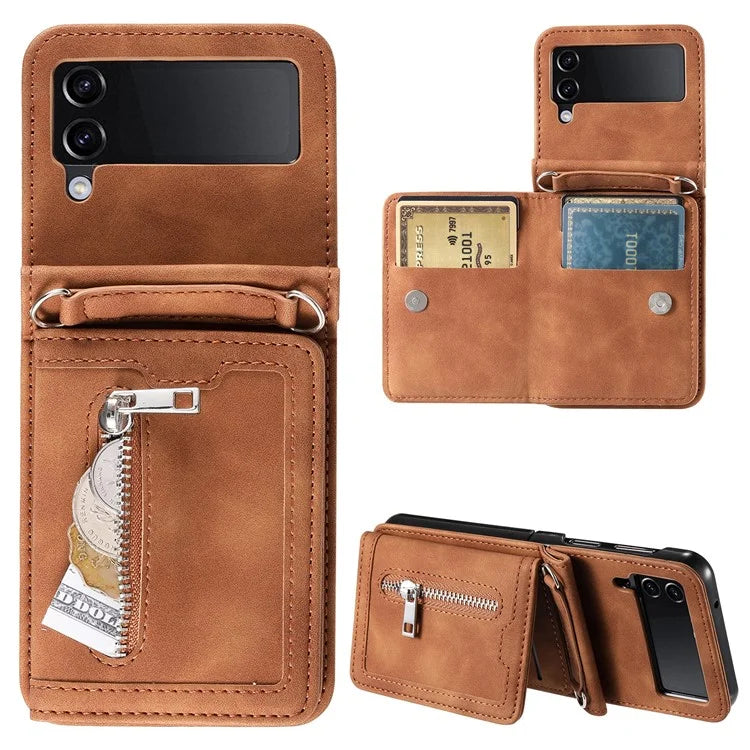 For Samsung Galaxy Z Flip4 5G Case Card Holder PU Leather Kickstand Phone Cover with Hand Strap