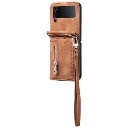 For Samsung Galaxy Z Flip4 5G Case Card Holder PU Leather Kickstand Phone Cover with Hand Strap