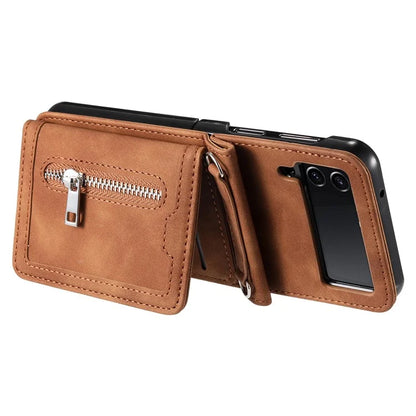 For Samsung Galaxy Z Flip4 5G Case Card Holder PU Leather Kickstand Phone Cover with Hand Strap