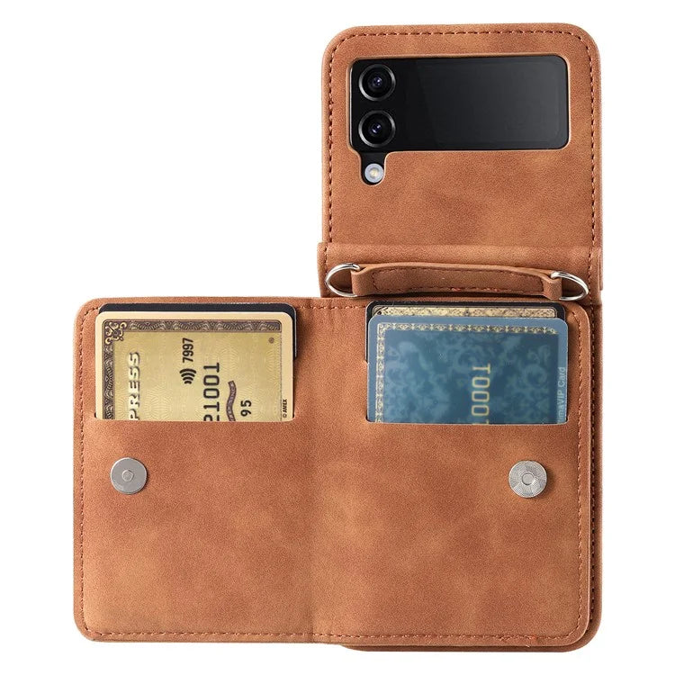 For Samsung Galaxy Z Flip4 5G Case Card Holder PU Leather Kickstand Phone Cover with Hand Strap