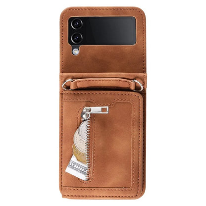 For Samsung Galaxy Z Flip4 5G Case Card Holder PU Leather Kickstand Phone Cover with Hand Strap