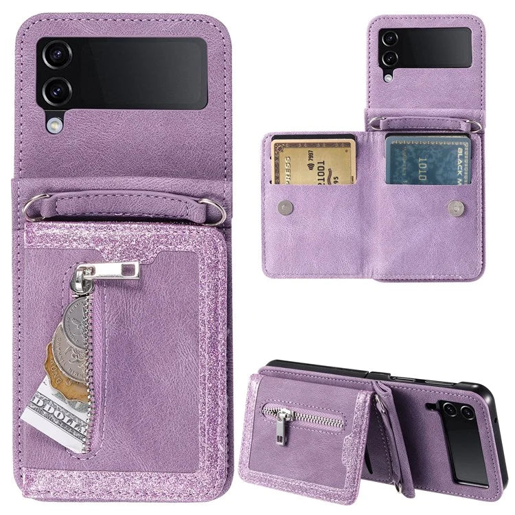 For Samsung Galaxy Z Flip4 5G Case Card Holder PU Leather Kickstand Phone Cover with Hand Strap