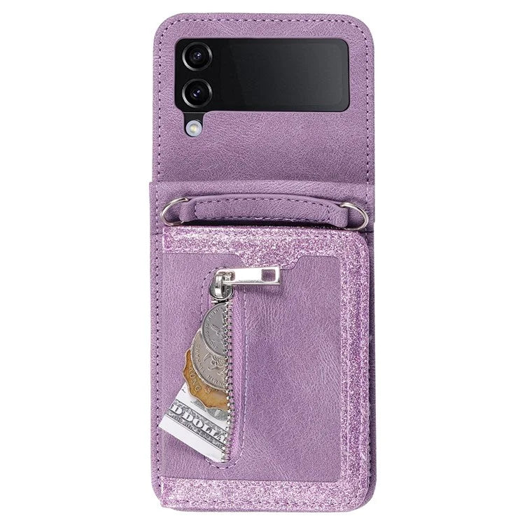 For Samsung Galaxy Z Flip4 5G Case Card Holder PU Leather Kickstand Phone Cover with Hand Strap