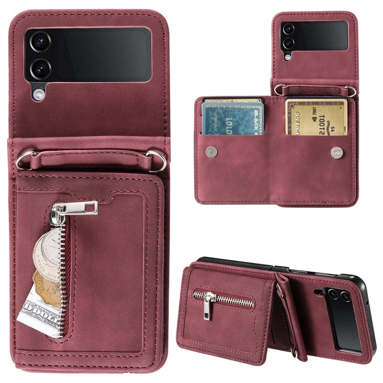 For Samsung Galaxy Z Flip4 5G Case Card Holder PU Leather Kickstand Phone Cover with Hand Strap